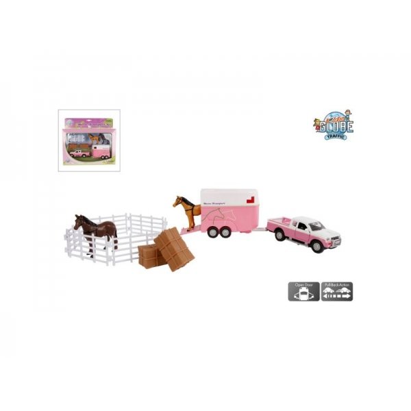 Auto Mitsubishi Met Paardentrailer Roze Diecast Pullback 27cm